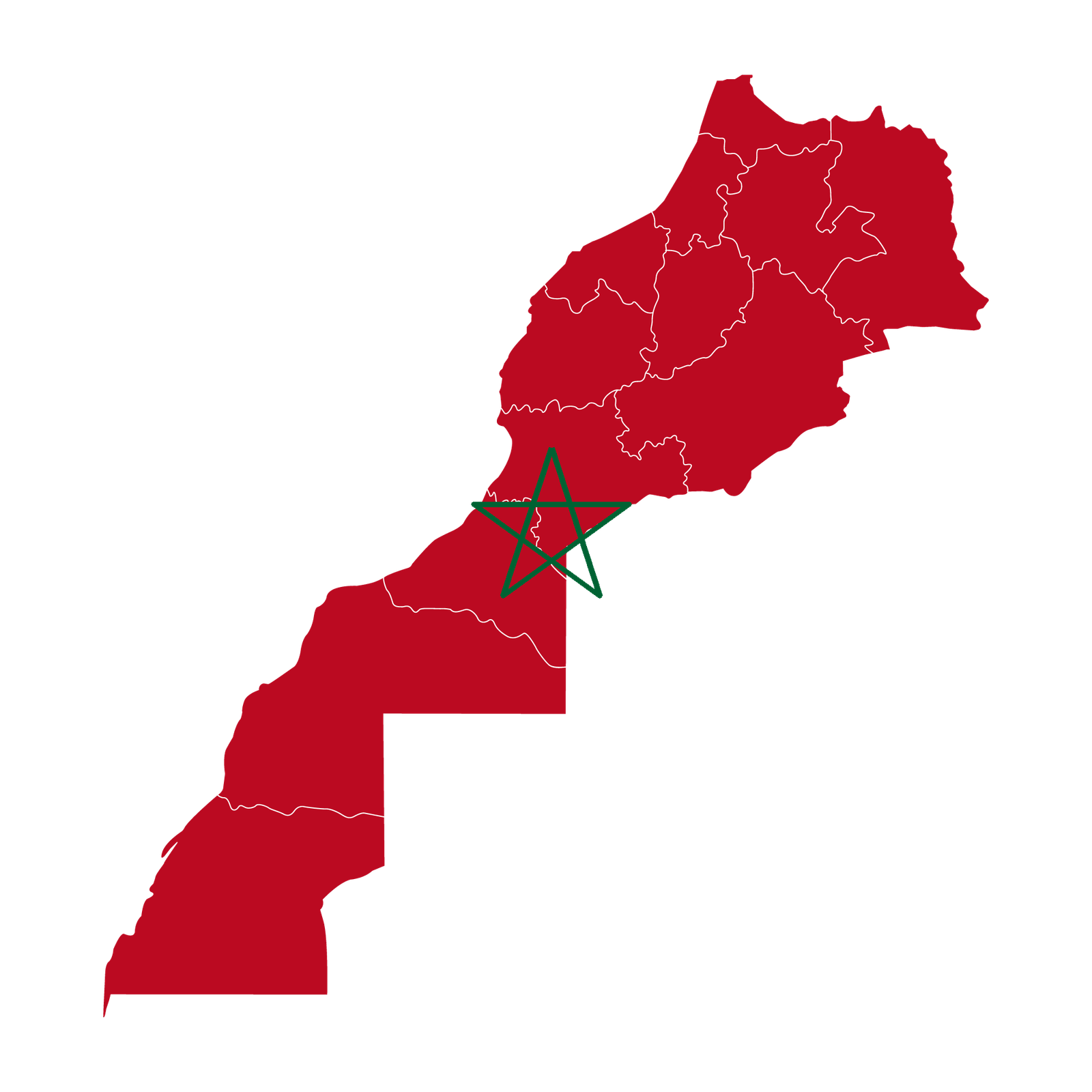 Map of Morocco styled with the Moroccan flag colors and green star