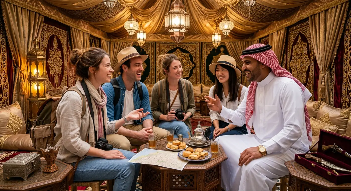 English is common, but Gulf Arabic changes the social temperature