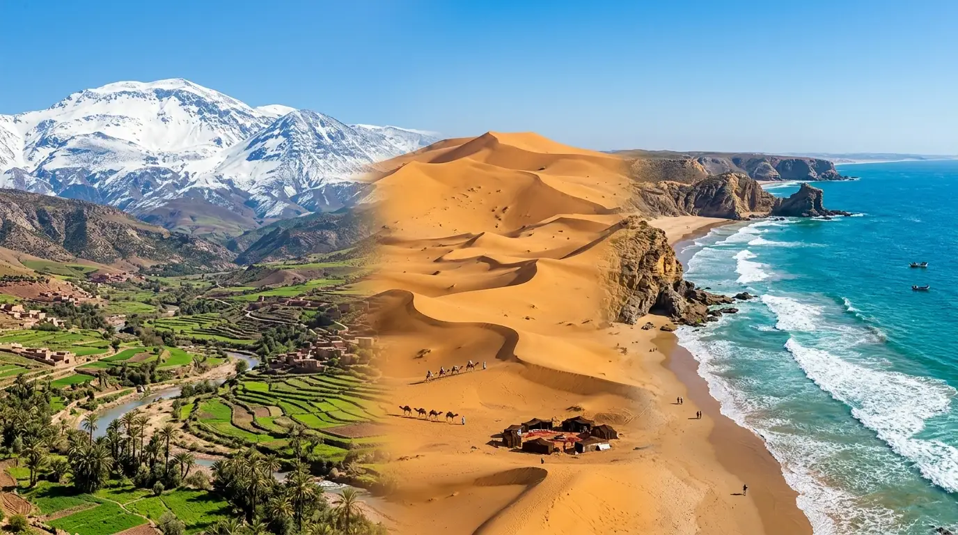 Sea, mountains, desert and green plains